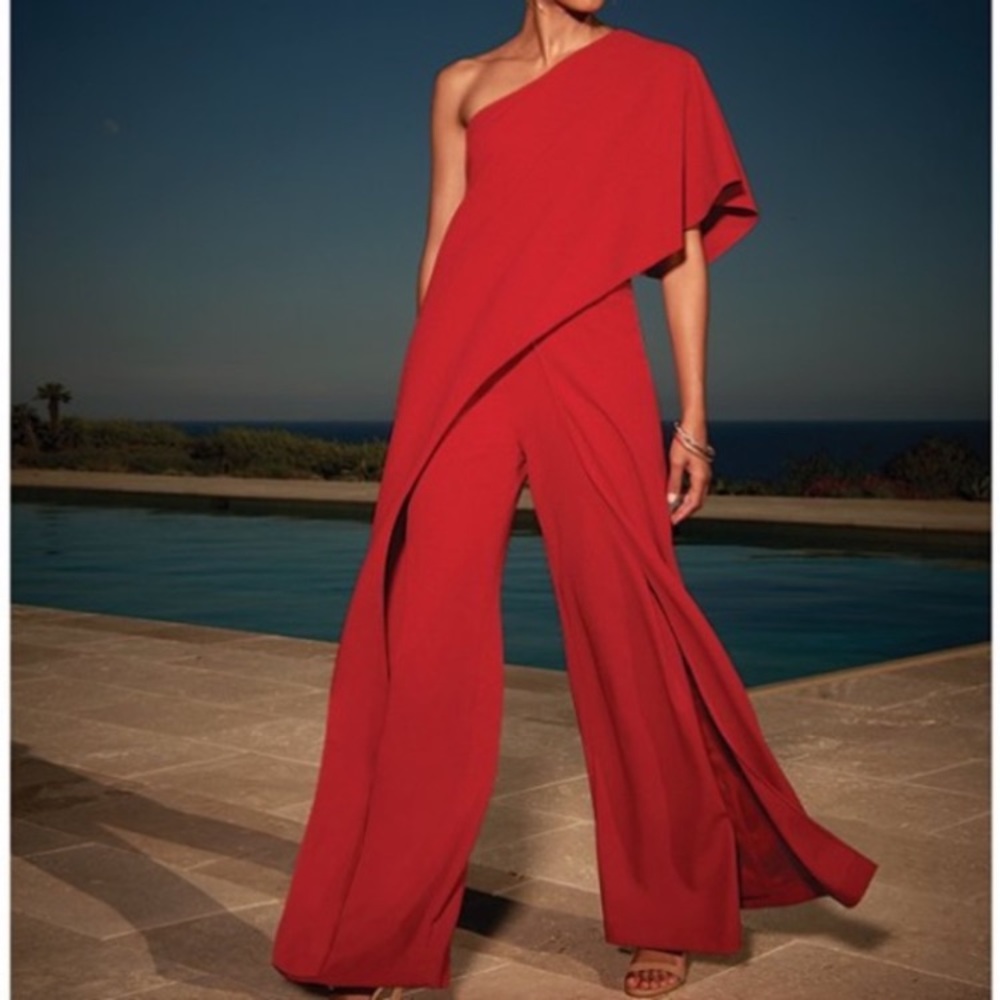 Adrianna Papell Crepe One Shoulder Red Jumpsuit